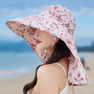 Sun Protection Hat Women'S Outdoor Cycling Big Brim Sun Hat Uv Protection Printed Neck Protection Shawl Sun Hat