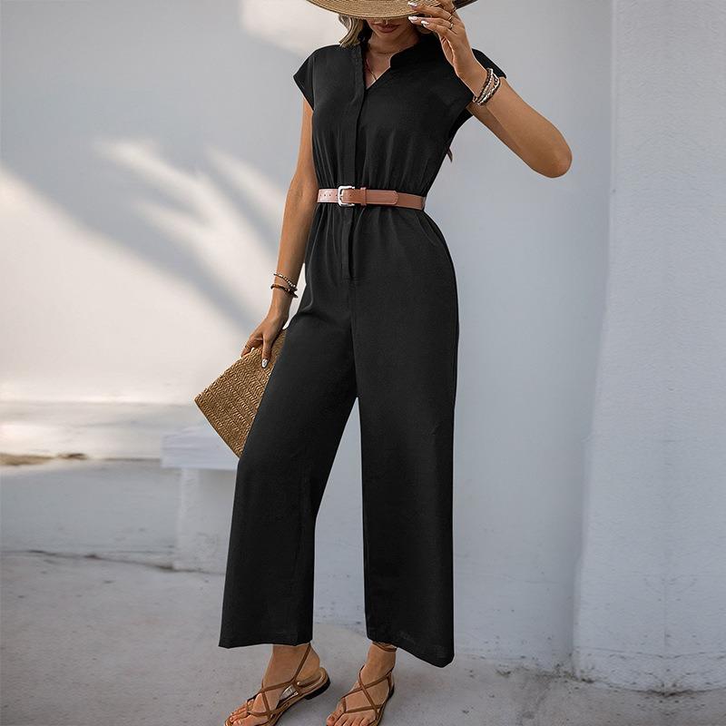 Women V Neck Sleeveless Belted Wide Leg Jumpsuit Casual Summer One Piece Outfit S чёрный