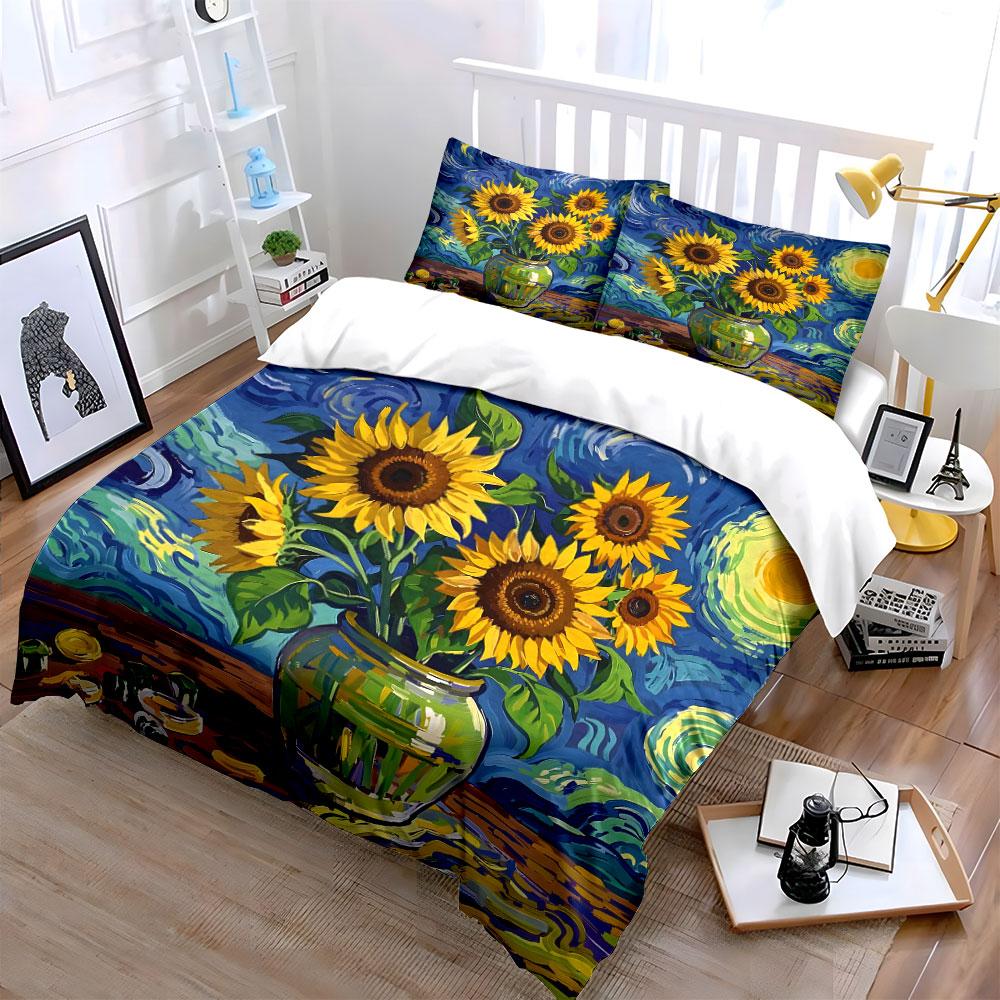 Sunflowers in Starry Sky Bedding Duvet Cover Set (1*Duvet Cover 2*Pillowcases, without duvet insert)