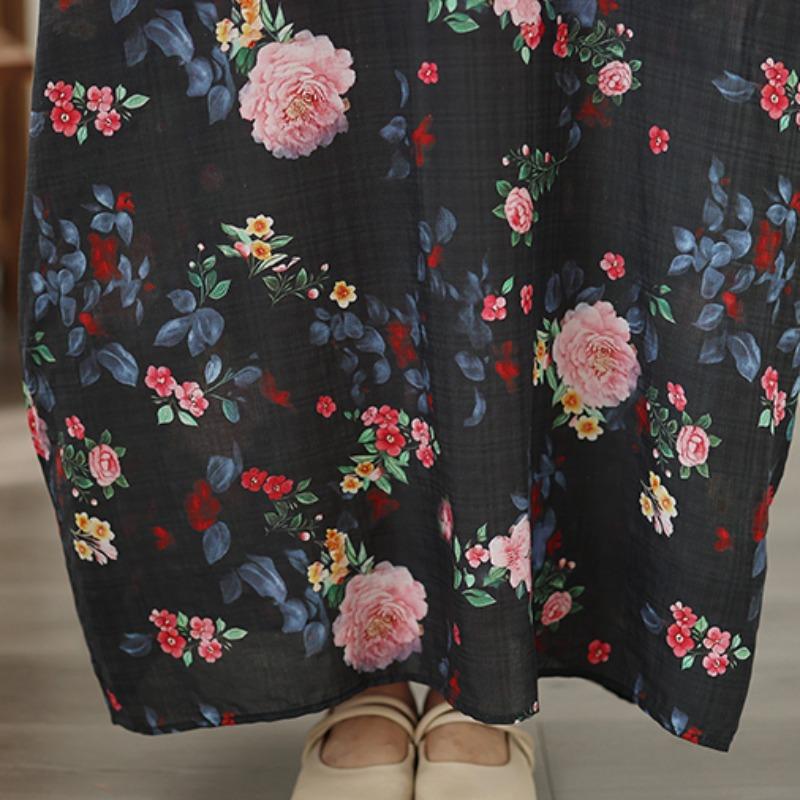 DIMANAF New 2026 Women Plus Size Spring Summer Beach Vintage Floral Print Black Long Dress Loose Oversize Maxi