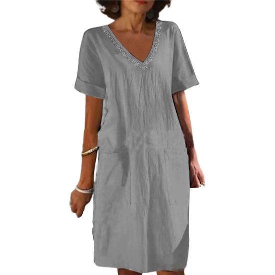 Damen Sommerkleid V-Ausschnitt Kurze Ärmel Knielanges Kleid Lässige Alltagskleidung Midikleid