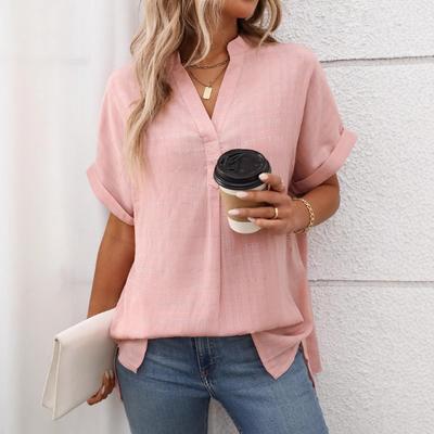 Summer New Women's V-neck Short-sleeved Striped Loose Check Shirt