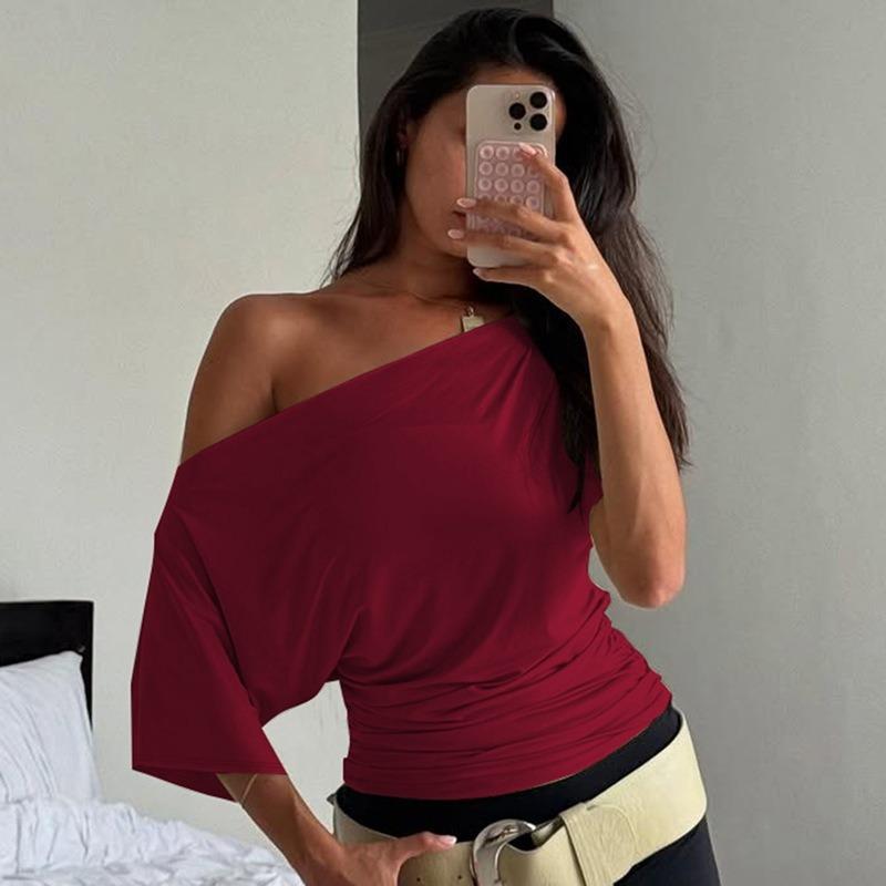 T-shirt Casual da Donna Sexy Aderente con Ruches a Spalla Unica Manica Corta
