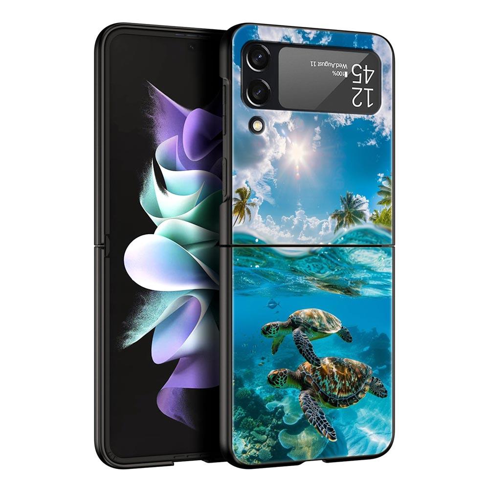 

Phone Case for Samsung Galaxy Z Flip 3 4 5 6 Folding For Samsung Z Flip4 Flip5 PC Hard lovely Cartoon sea turtle ocean blue Samsung Z Flip 6