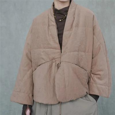 Women Vintage Plus Cotton Parkas V-Neck Long Sleeve Solid Color Chinese Style Winter Coats Button Parkas