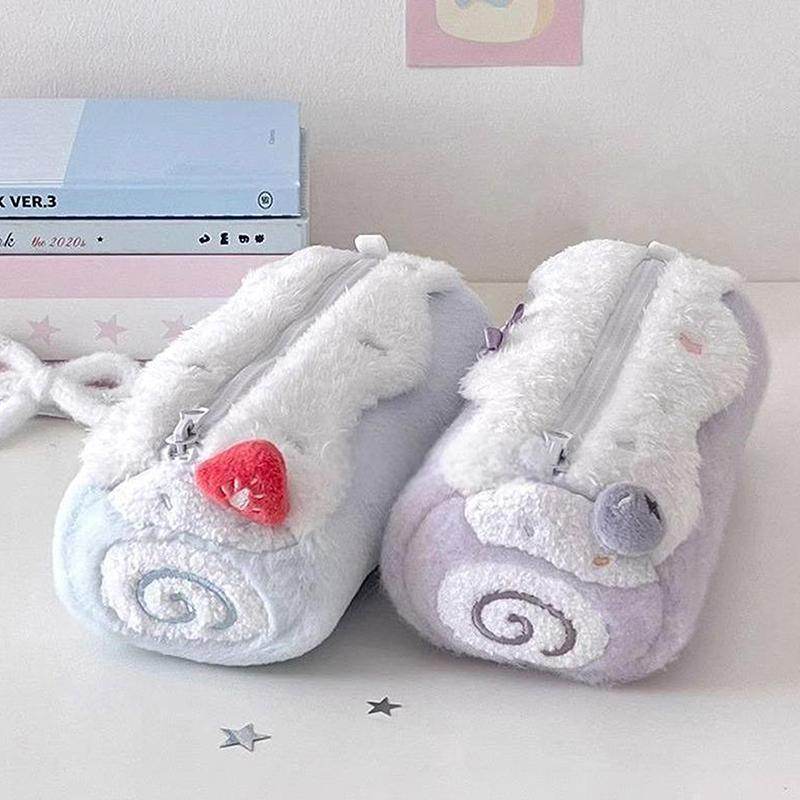 1Pc Cute Cream Swiss Roll Plush Pencil Case Large Capacity School Student Stationery Storage Bag