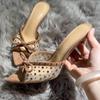 Fashion Luxury Rhinestone Mesh High Heel Slippers Women Fashion Bow Decoration Designer Shoes Comfortable Peep Toe Thin Heel Dress Shoes