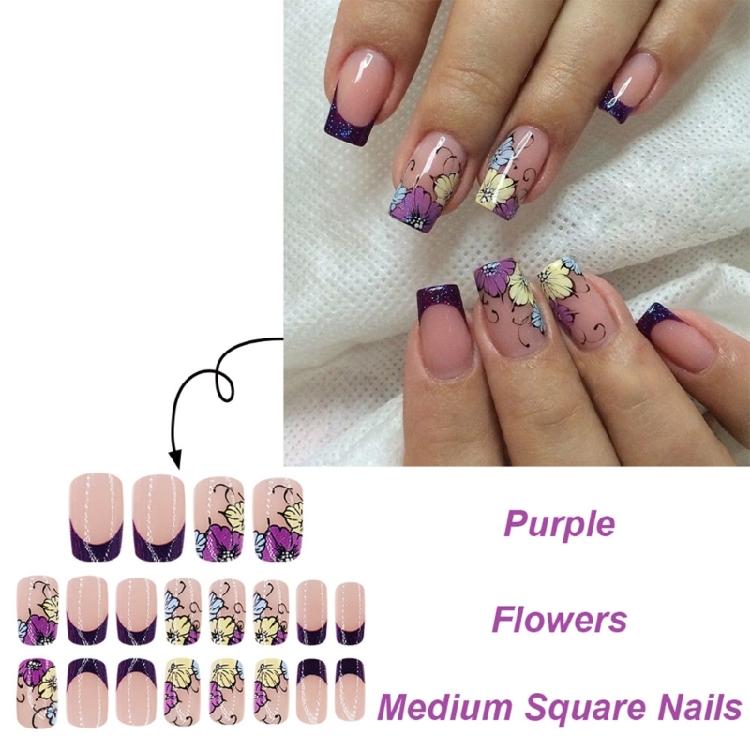 24x French Tip Full Cover False Nail Flower Press On Nail Medium Square Stick On Nail Acrylic Nail for Festival