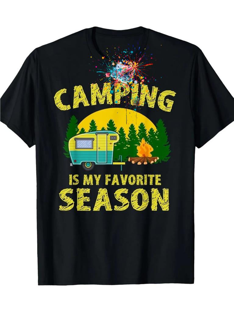 Camper Van Pine Tree  Campfire Design Camping TShirt 100 Cotton ONeck Short Sleeve Summer Casual Mens Tshirt