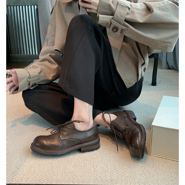 Washed Cowhide~ Retro Leather Platform Loafers Women's Autumn British Derby Single Shoes One Pedal Lace-up Small Leather Shoes
