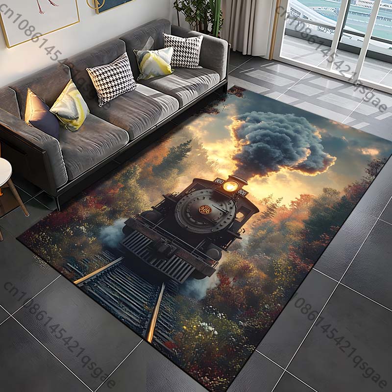 Retro Steam Train Pattern Rug Carpets for Bedroom Living Room Bathroom Mat Creative Door Mat Cloakroom Home Decor Area Rug