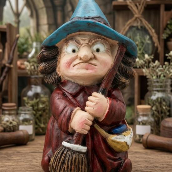 Halloween Themed Photography Prop Witch on Broomstick Resin Figurine, Gnome Statue with Wizard Hat, Decoration Vintage Spooky Decor for Shelf
