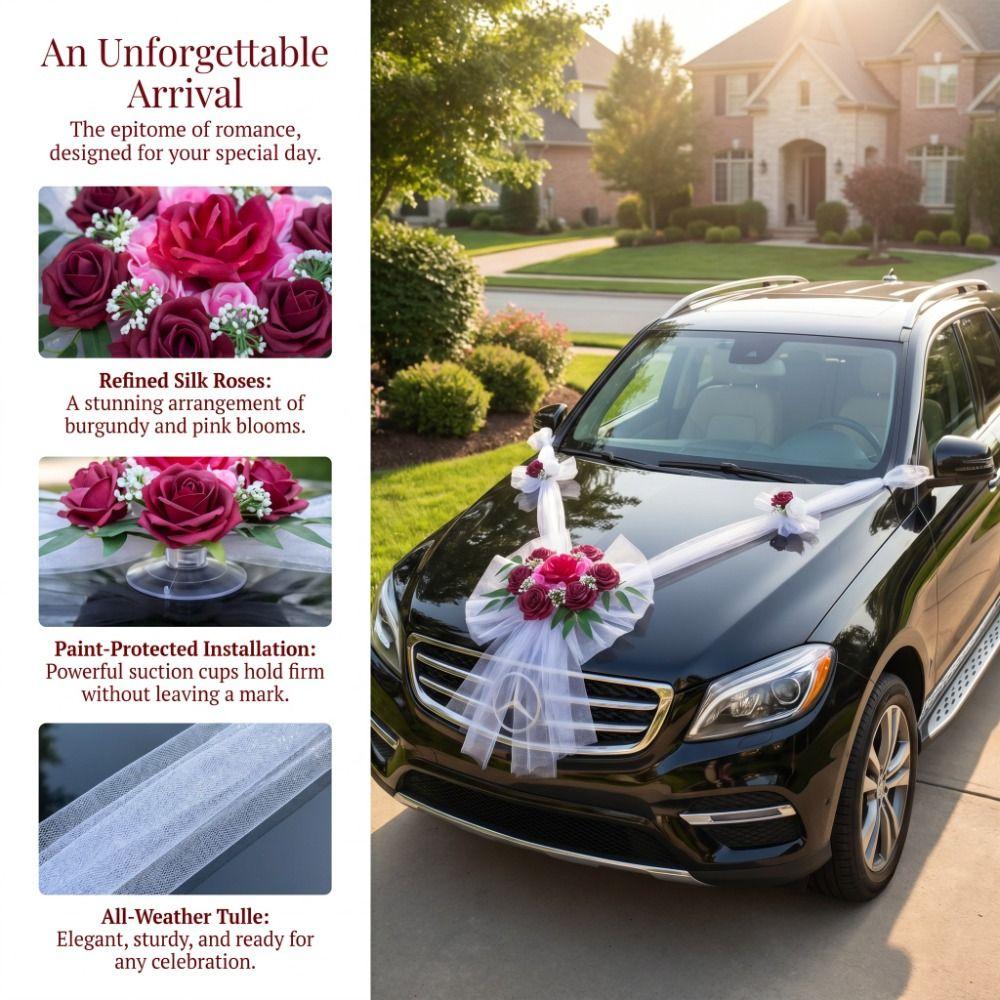 Decorazione per Auto Nuziale Senza Pollini Nastro di Garza Multicolore per Auto Fiocco 'Just Married'