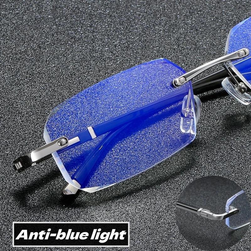 Mens Rimless Rhinestone Presbyopia Glasses Anti Blue Light Ultra Clear Unisex Reading Glasses To +4.0 Classic Business Style