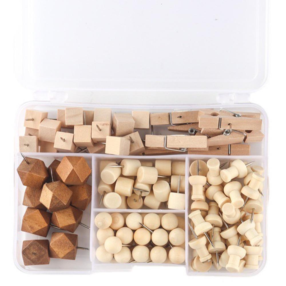 128Pcs Creative Wooden Push Pins DIY Thumb Tacks Geometric Shape Pushpins  Office School Supplies