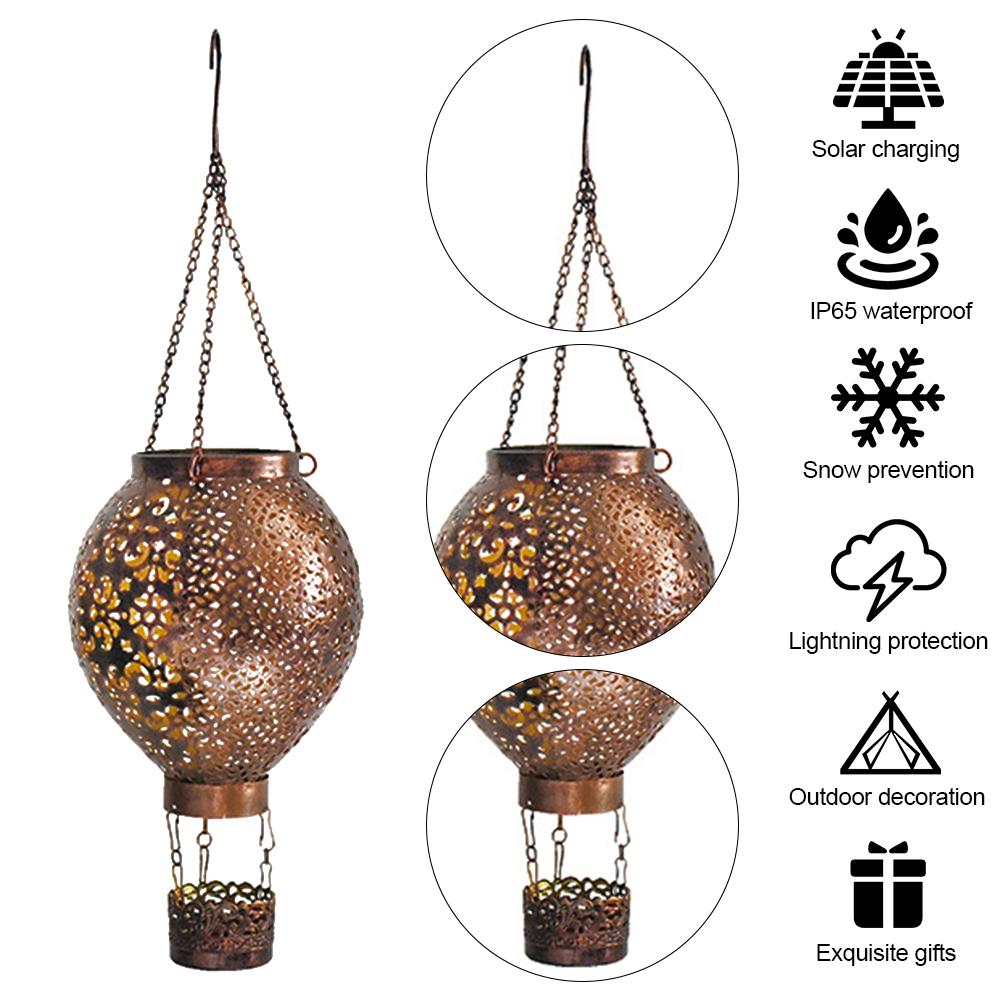 Solar Powered Hot Air Balloon Lantern 600mAh Metal Glowing Hollow Lantern Retro Hot Air Balloon Light for Birthday Holiday Party