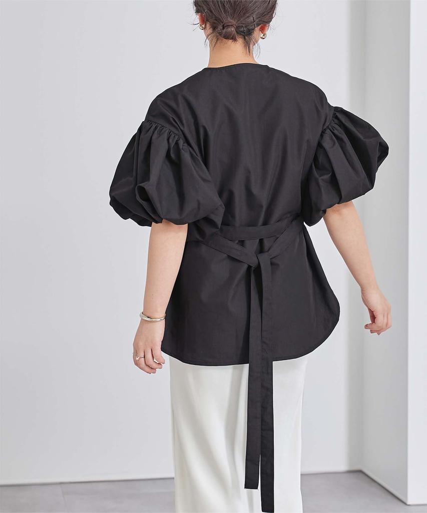 Yours Belted Collarless Balloon Sleeve Blouse BFXU1802 Small Black Women's