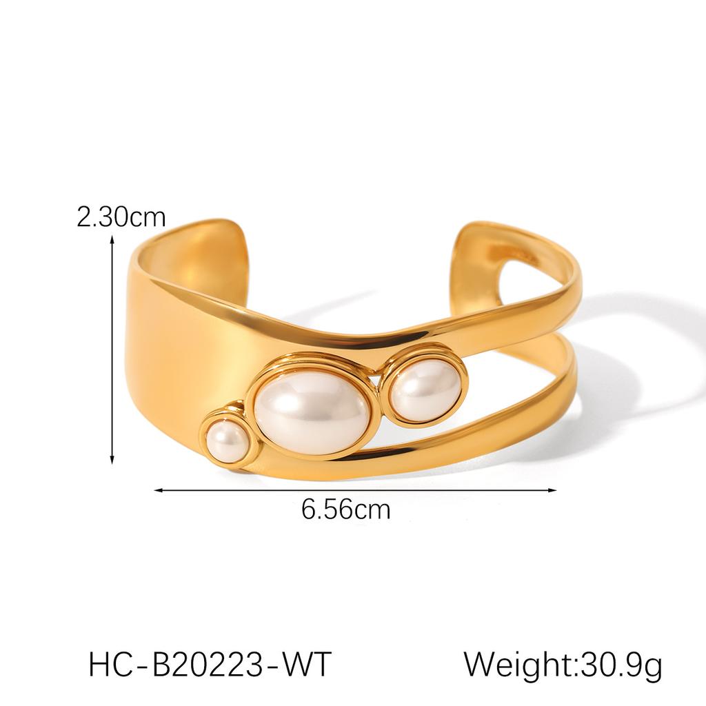 Hollow-out Stainless Steel Tiger Eye Open Bangle for Women, Pearl Bracelet, Titanium Steel Jewelry, Non-fading Accessory