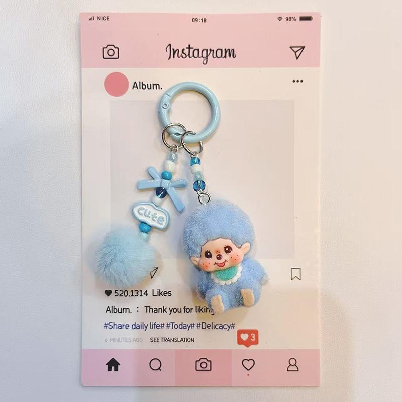 Resin Flocking Monchichi Keychain Cute Monkey Baby Trendy Keyring Cartoon Pendent Keys Bags Hanging Accessories Small Gifts