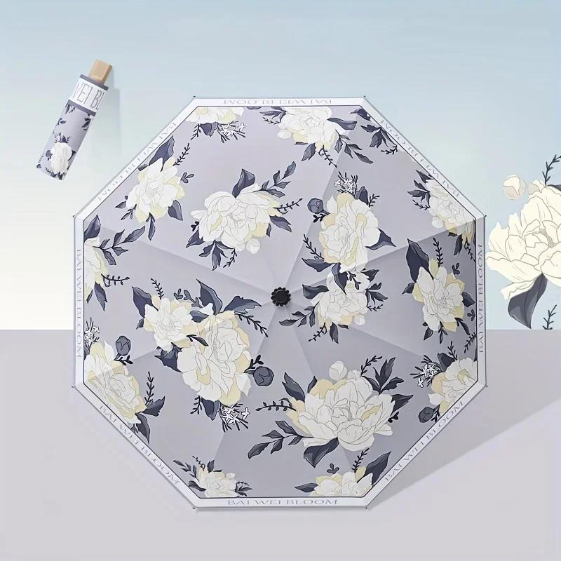 Flower Printed UPF50+ Sun Umbrella Romantic UV Protection Umbrella Vinyl Coating Rain Parasol Sun Shade Folding Umbrellas