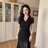 2026 French Style Elegant Black Polka Dot V-Neck Slit Dress with Drawstring Waist - Women's Slimming Little Black Dress