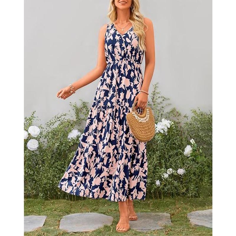 Summer Women's Dress V-Neck Elastic Waist Printed Casual Sleeveless Dresses