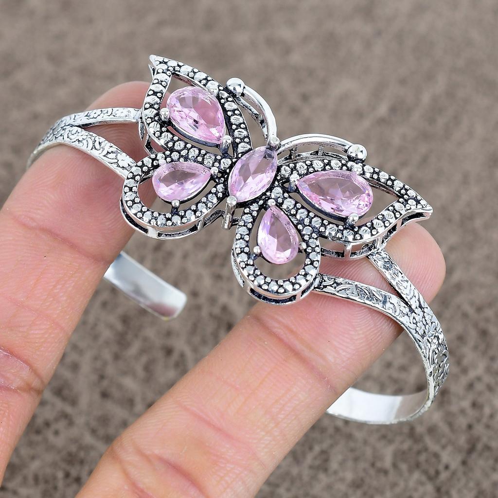 Pink Kunzite Gemstone Handmade 925 Sterling Silver Cuff Bangle Adjustable KKG-105