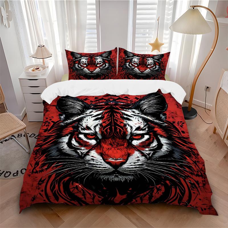 3pcs Red and Black Tiger Print Bedding Set (1 Cover + 2 Pillowcases, Without Inserts), This Printed Bedding Set is Soft and