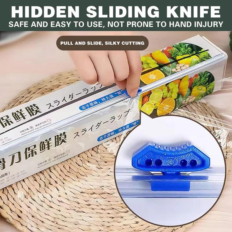 Durable Cling Film with Sliding Knife - Reusable Hands-Free Fresh-Keeping Plastic Wrap, Kitchen Food Cover