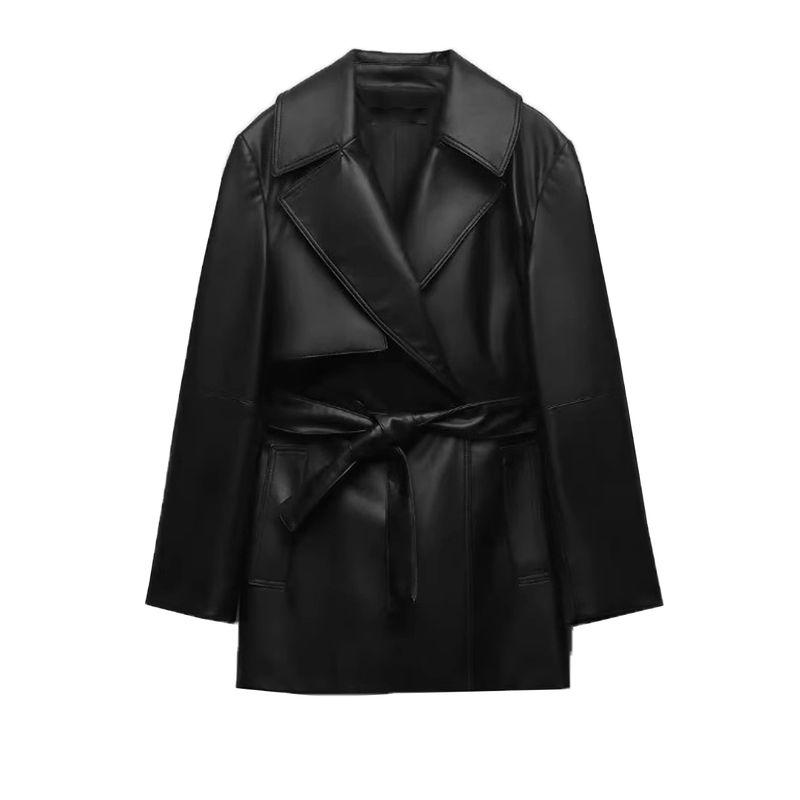 

Za Autumn New Women clothes Locomotive Style Double Breasted Belt Pu Imitation Leather Short Trench coat Outerwear 2583872 Black L