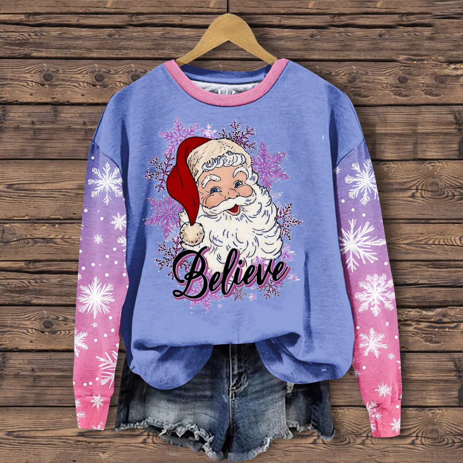 

Женская мода повседневная толстовка с длинным рукавом и принтом Санта-Клауса с круглым вырезом L красный