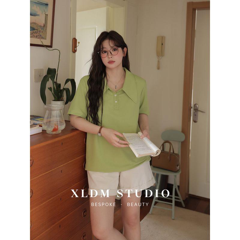 Women s Polo Collar Shoulder Summer Tops Casual Short Sleeve Lake Green (Spot) 2XL