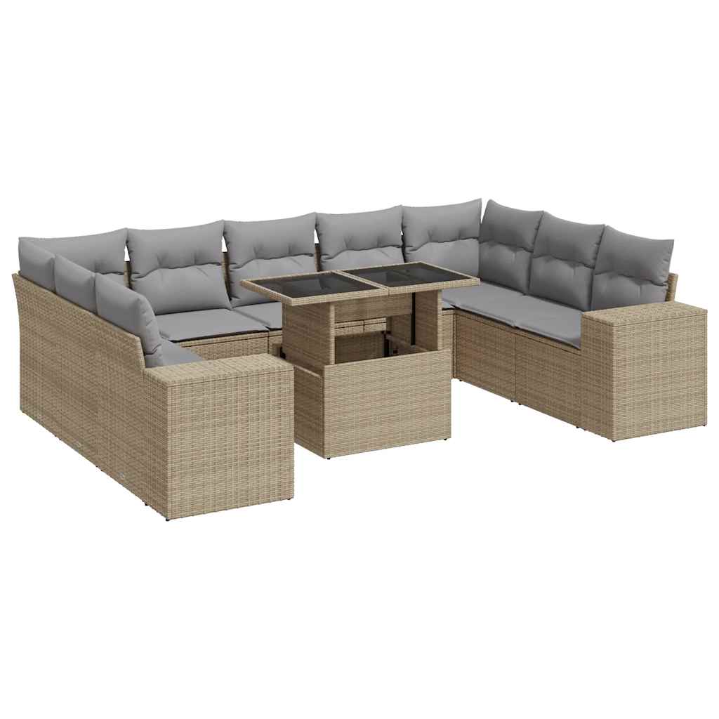 Vidaxl 10-Cz. Garden Furniture Set With Cushions, Beige, Poly Rattan