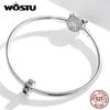 WOSTU Shiny Rhinestone Retro Pattern 925 Sterling Silver Chain Clip Beads Fit Original Bracelet Bangle DIY Fine Jewelry
