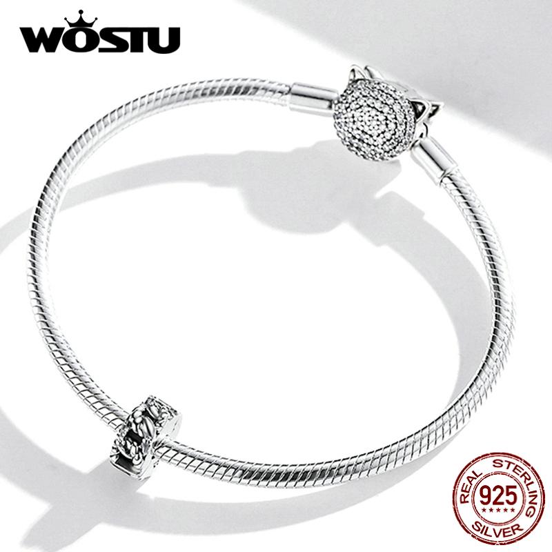 WOSTU Shiny Rhinestone Retro Pattern 925 Sterling Silver Chain Clip Beads Fit Original Bracelet Bangle DIY Fine Jewelry