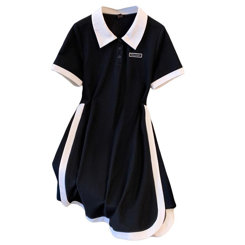 Korte Mouw Zomer Casual Jurk Dames Mode Elegante Zoete Jurken Grote Maat Patchwork A-lijn Feest Kraag Knoppen Slim Fit Kleding