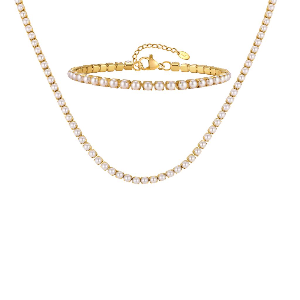 Women's Imitation Pearl Tennis Chain Necklace Bracelets, Stainless Steel 18K Gold Plated Fashion Chic Jewelry Set Gift