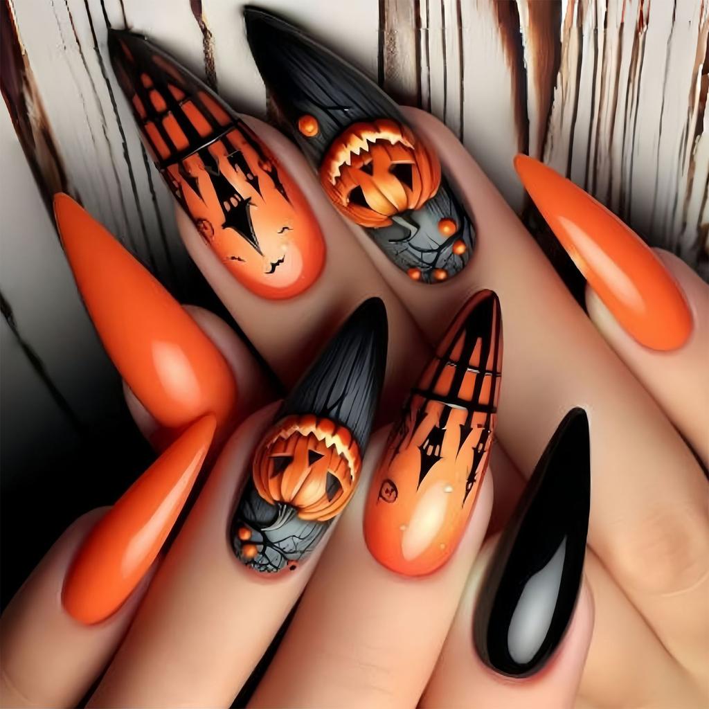 Trendy Fake Nail Halloween Theme Stylish Almond Tip Ghostly Pumpkin Art Durability Comfortable False Nail For Daily Wear