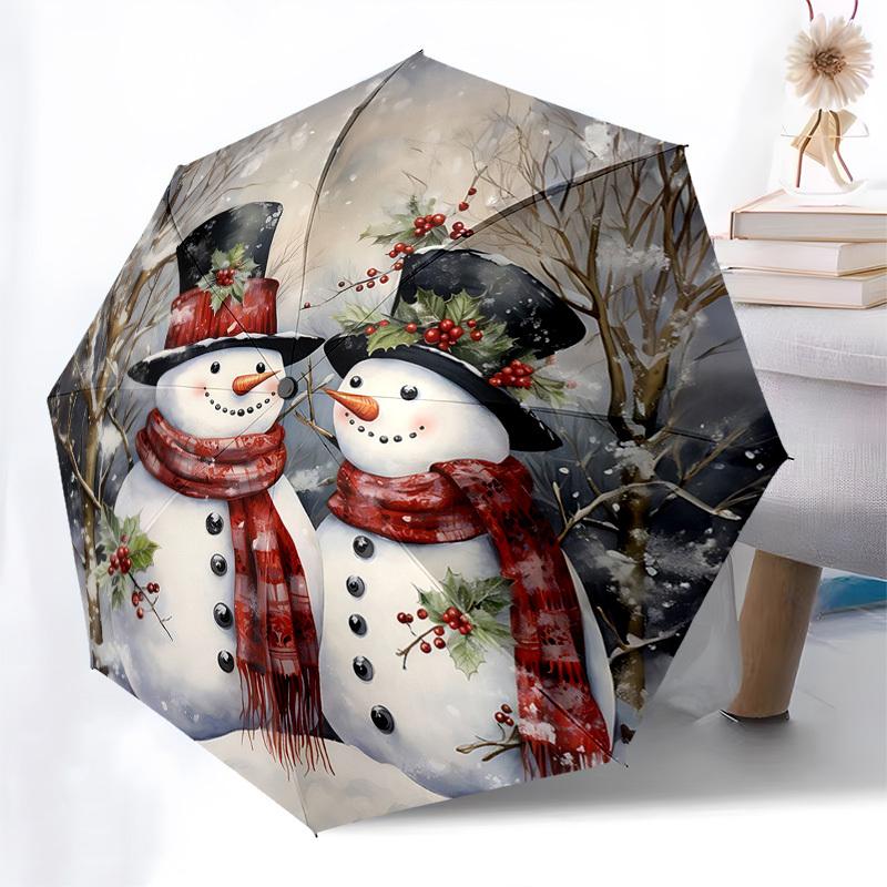 

1pc Snowman Couple with Holly Berries & Leaves, Auto Open Close Umbrella, Portable 3-Fold Design, 8-Bone Iron Frame, Outdoor Umbrella, Festive Gift fo