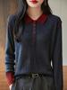Color-Block Wool Knit Long Sleeve Polo Sweater