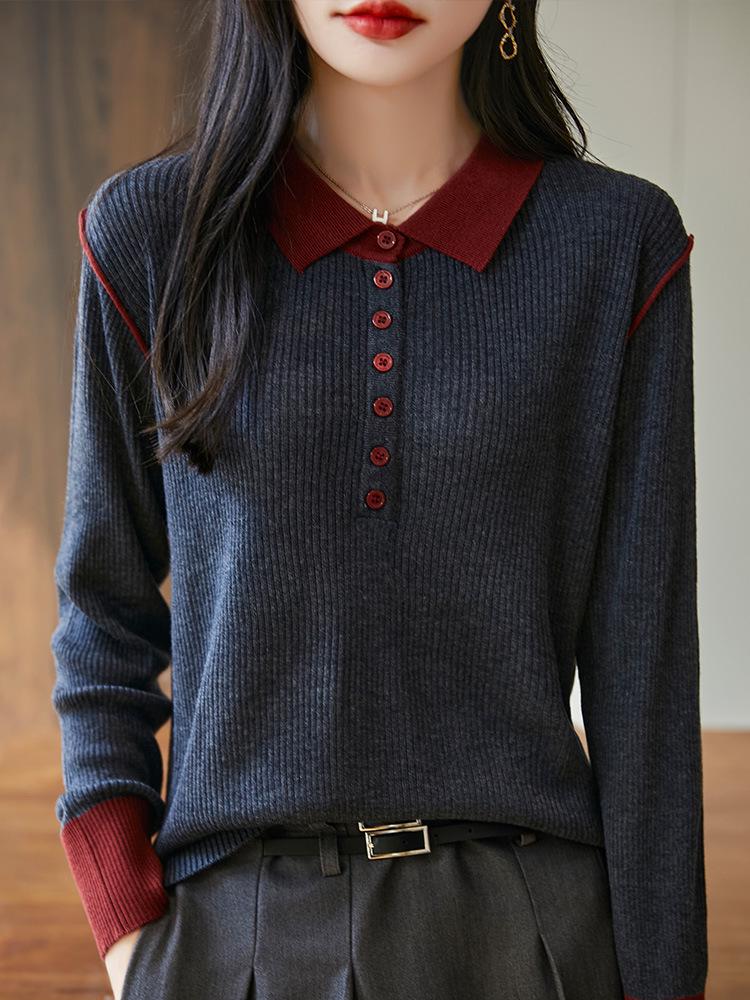 Color-Block Wool Knit Long Sleeve Polo Sweater