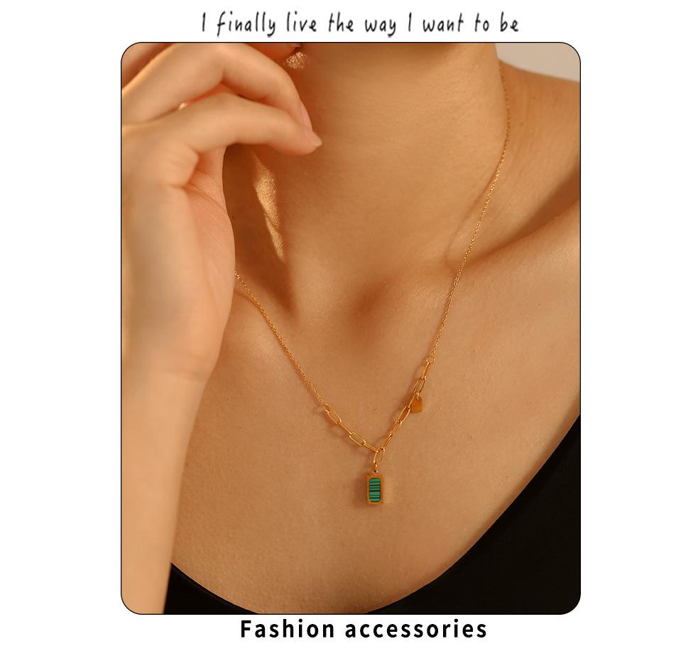 18K Gold-Plated Malachite Green Striped Collarbone Necklace - Small Square INS Style Retro Jewelry