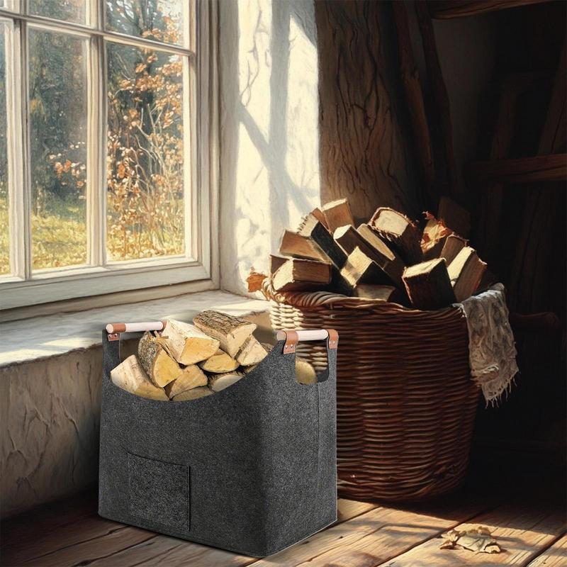 Felt Basket Firewood Box With Wooden Handles Foldable Wood Basket For Firewood Wood Newspapers Clothes Storage