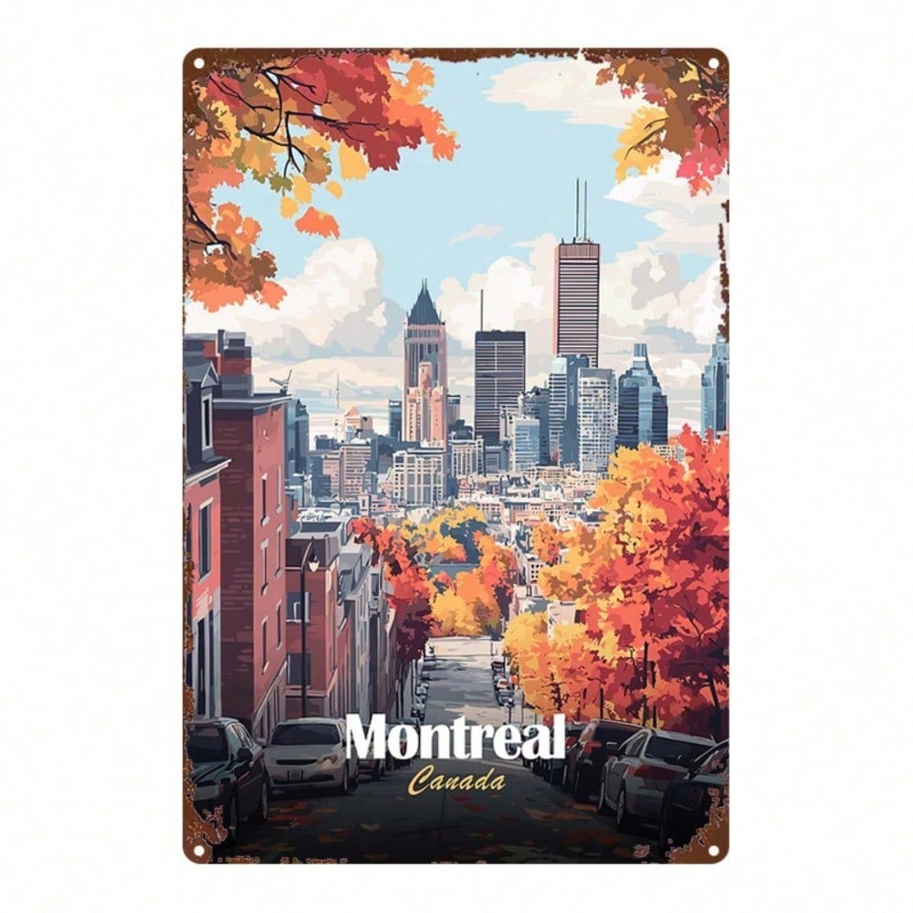 Vintage Montreal Autumn Cityscape Metal Tin Sign 8x12 In 2D Flat Wall Decor Retro Farmhouse Home Kitchen Cafe Bar Gift