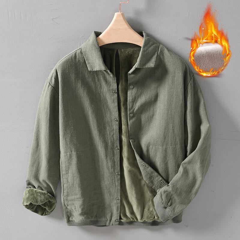 

Осенне-зимнее теплое мужское пальто, повседневные флисовые куртки для мужчин, отложной воротник, хлопковое льняное пальто с пуговицами, утолщенное свободное пальто XL армия зеленый