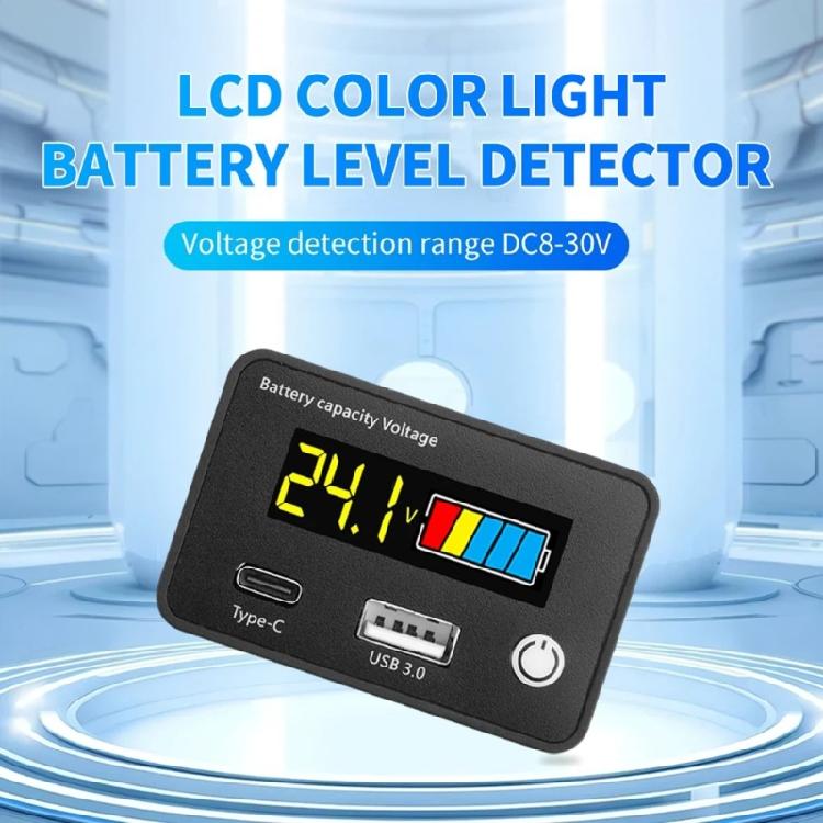 LCD Display Battery Power Monitor with  QC3.0 USB Type C Port for Electric Vehicle Solar Car Lithium Lead Acid Batteries