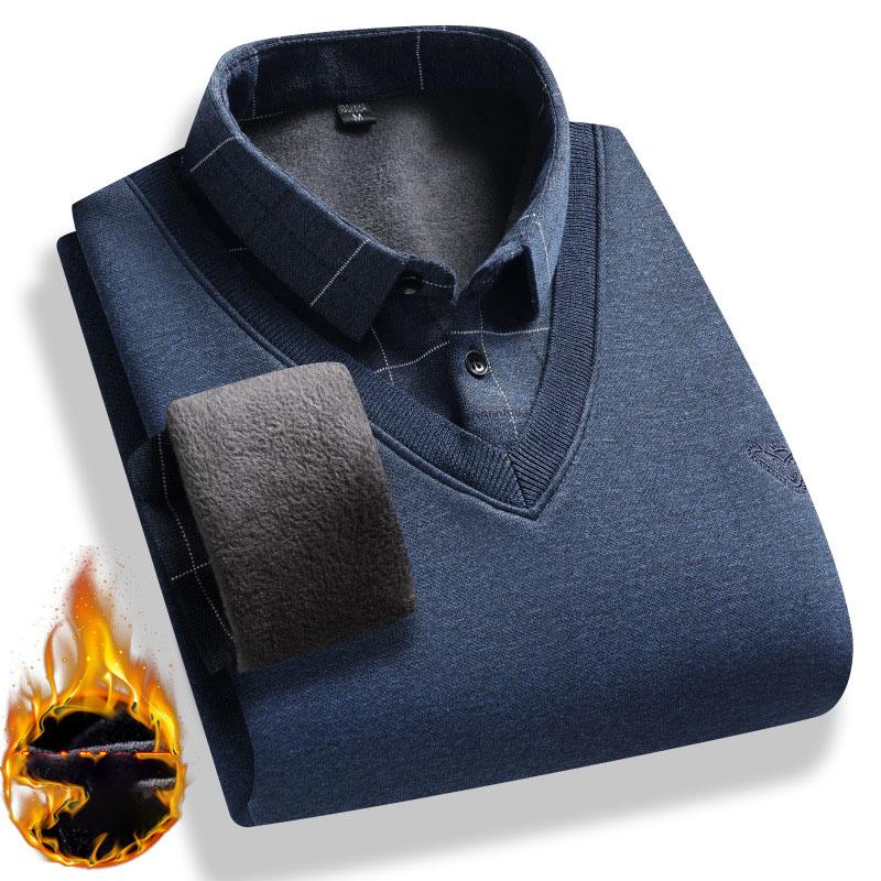 Men Retro Winter Pullovers Men Polo Neck Sweaters Fashion Striped Fleece Lined Polo Shirt Jumper Thick Knitting Sweaters