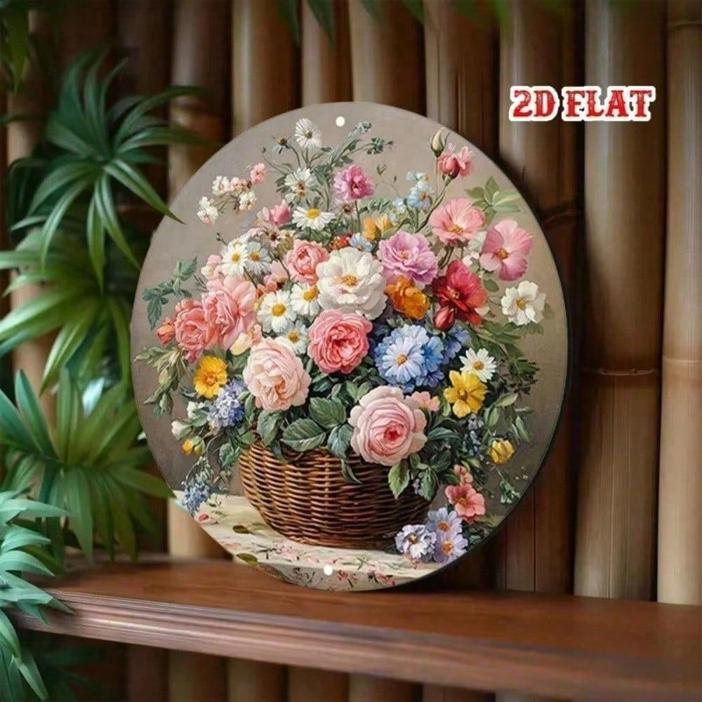 Vintage Round Metal Wall Art, 2D Aluminum Sculpture Floral Home Decor for Living Room