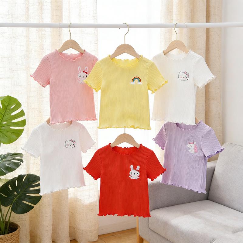 Kids' Cute Cartoon Embroidered T-Shirt - Ice Silk, Short Sleeve, Ruffle Design for Summer