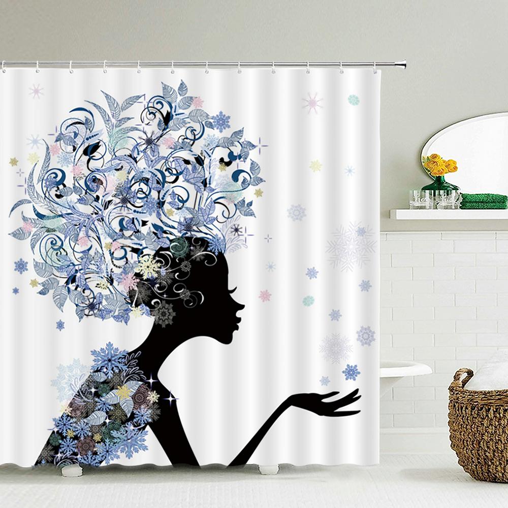 Beautiful Flower Butterfly Girl Shower Curtain Waterproof Shower Curtain Bathroom Partition Curtain Bathroom Decor Accessories